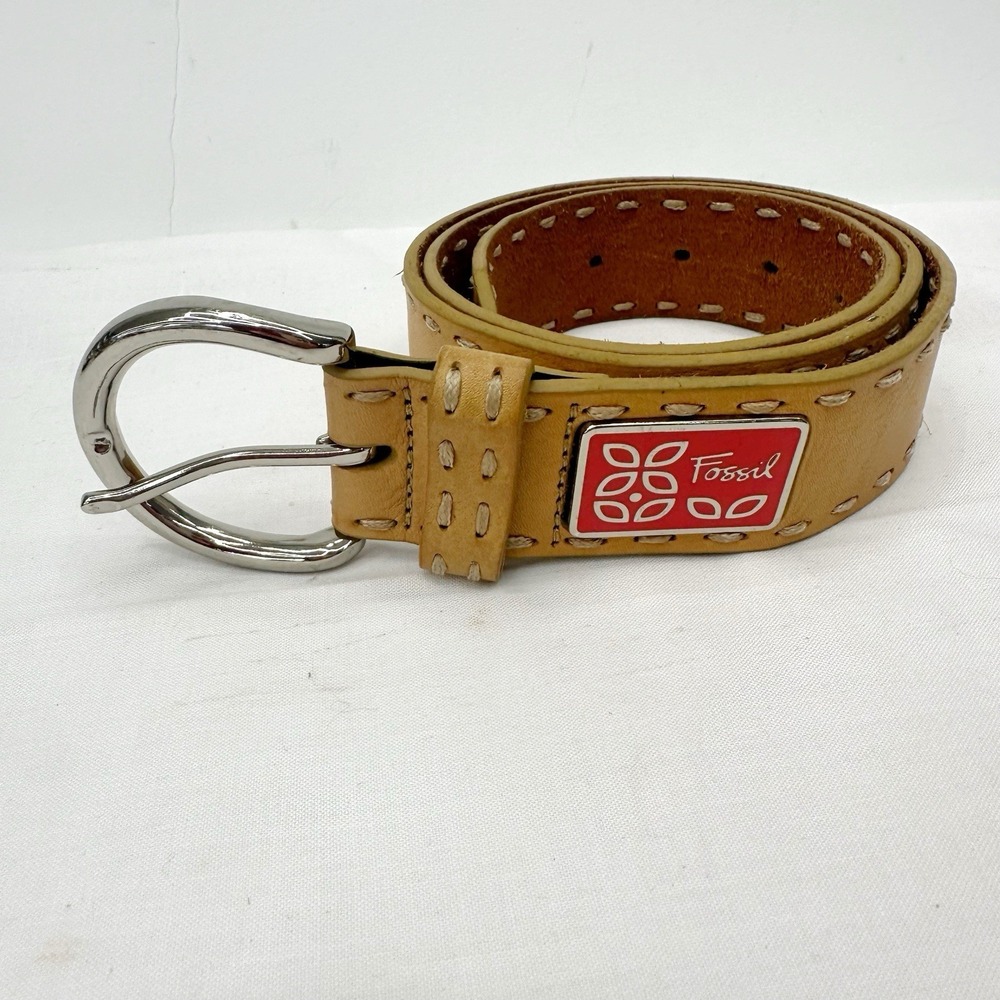 Fossil‎ Women's Medium 32-36 Belt Thick Stich Metal Buckle Tan Leather Red Logo
